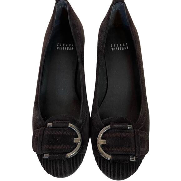 Stuart Weitzman Brown Suede Leather Buckle Wedge Shoe Women's Round Toe Size 6 - Picture 3 of 8